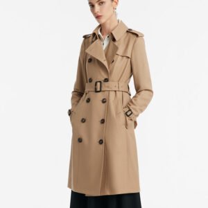 Worsted Wool Gathered Waist Double-Breasted Women Trench Coat